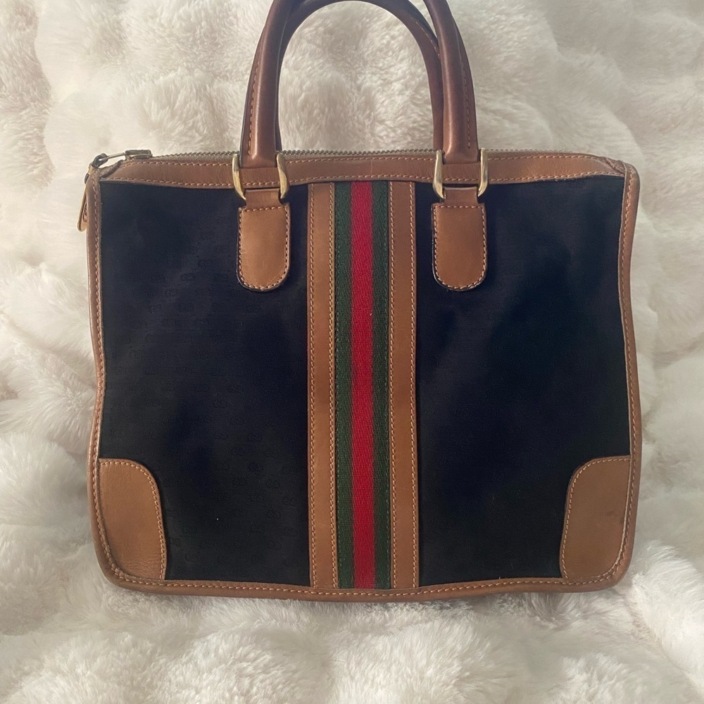 Vintage Gucci Top Handle Bag BlackTan Stripe - Picture 2 of 12